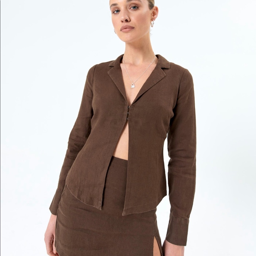 Button Front Brown Linen Long Sleeve Top